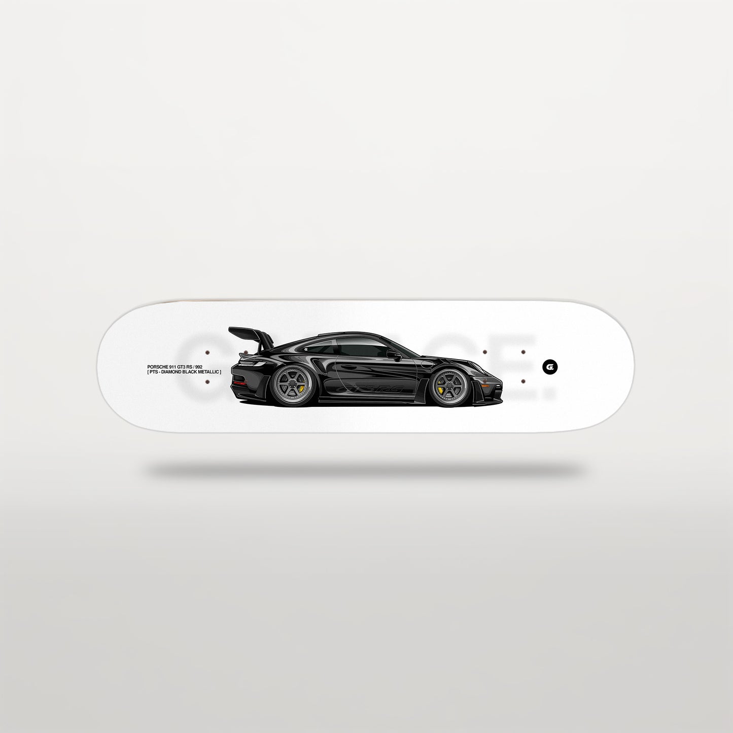 Skateboard deck with a black sports car design on a white background