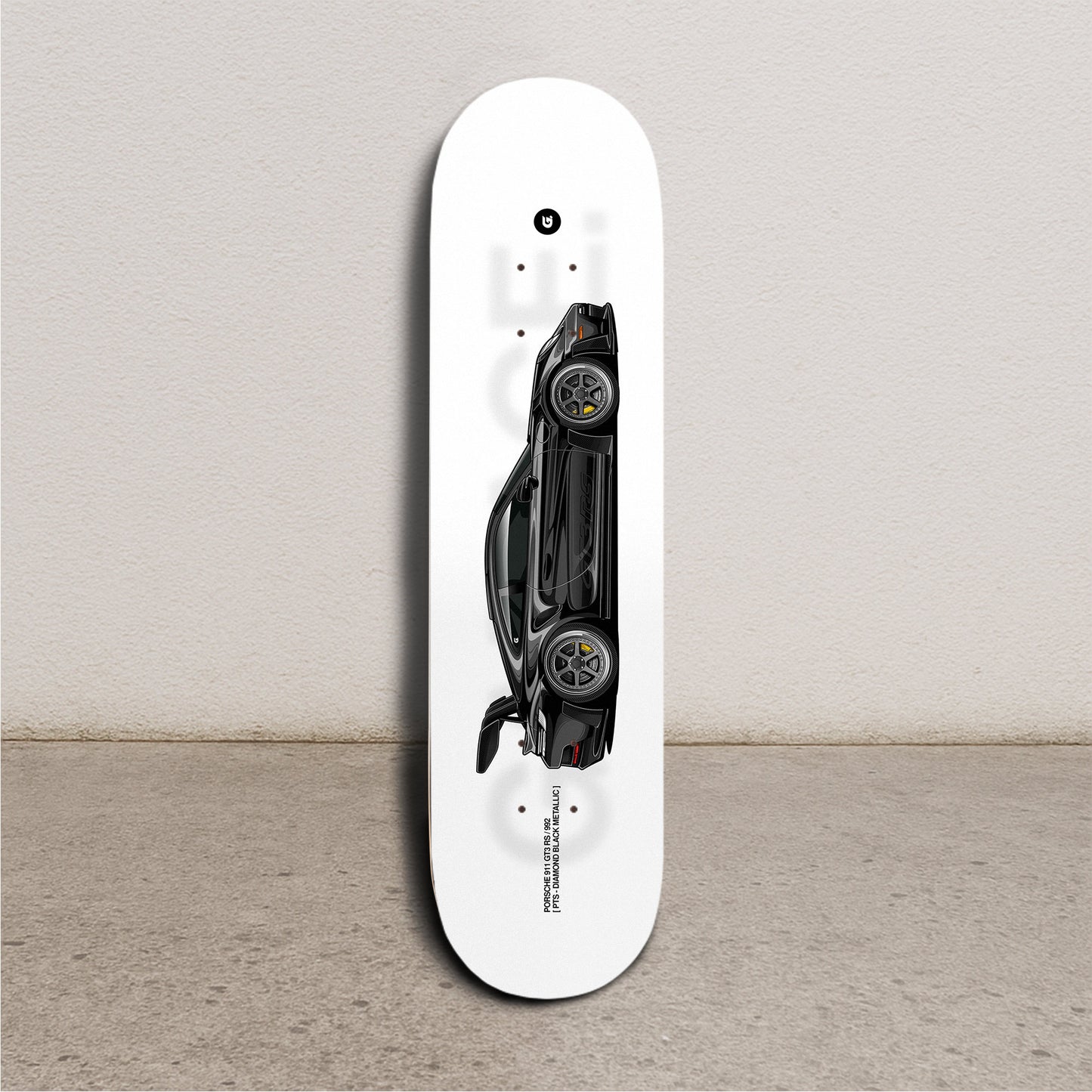 Skateboard deck with a black car design on a white background