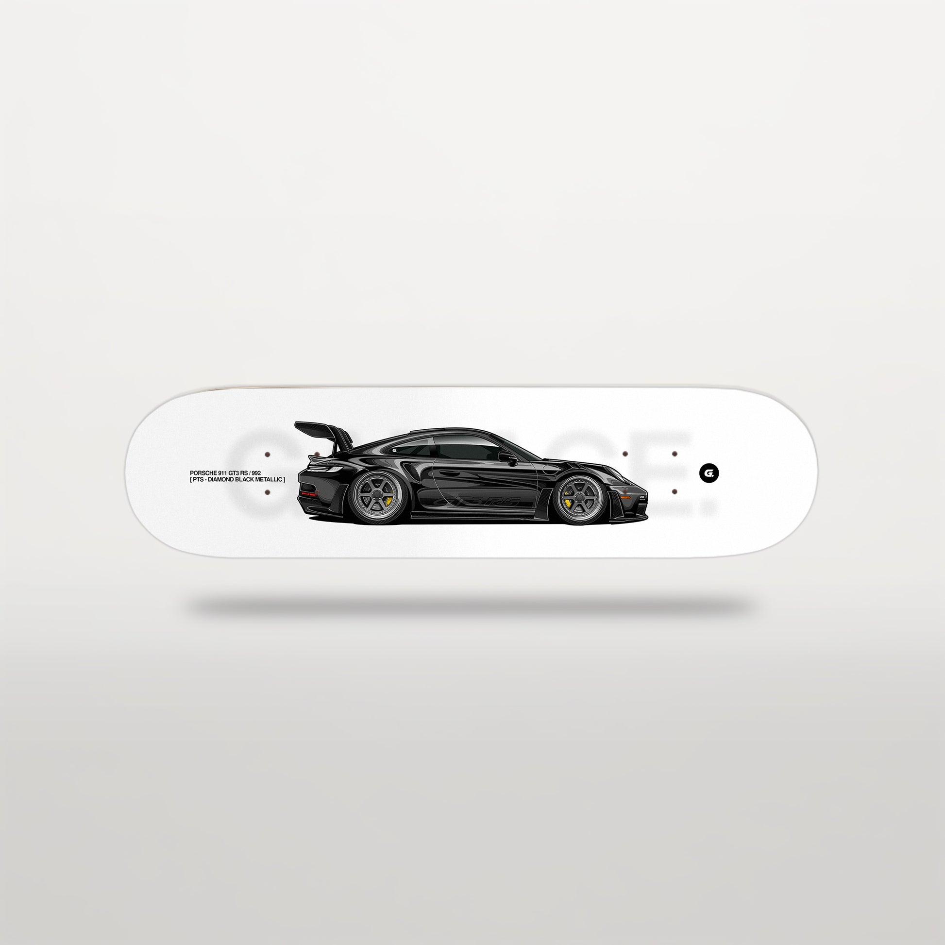 Skateboard deck with a black sports car design on a white background